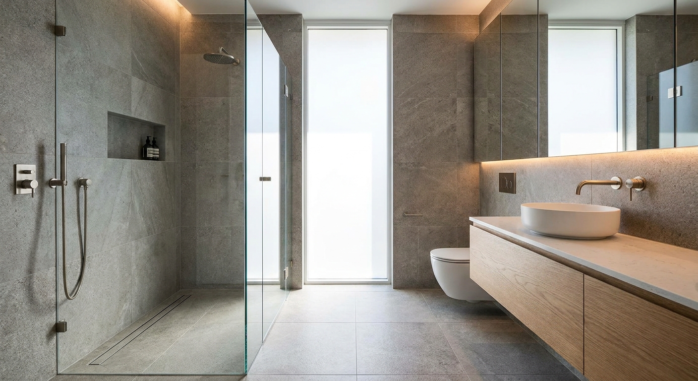 Moderne Badsanierung mit neuen Fliesen und bodengleicher Dusche